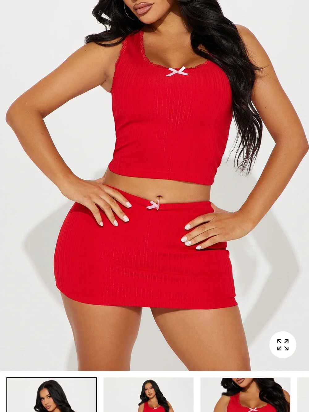 Fashion Nova Red Ribbed Lace-Trim Tank with Bow Accent and matching skirt set